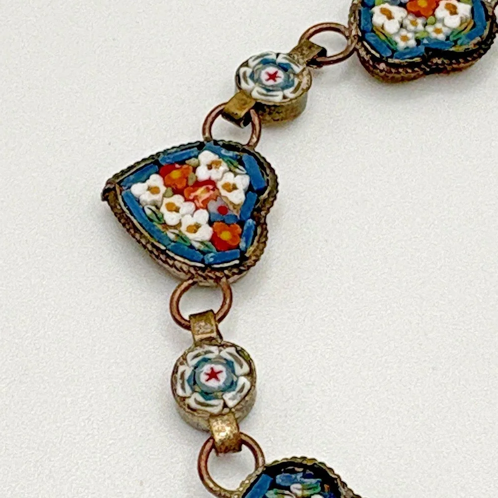 Vintage Italian Micro Mosaic Heart Bracelet Blue Floral Dainty Italy 7